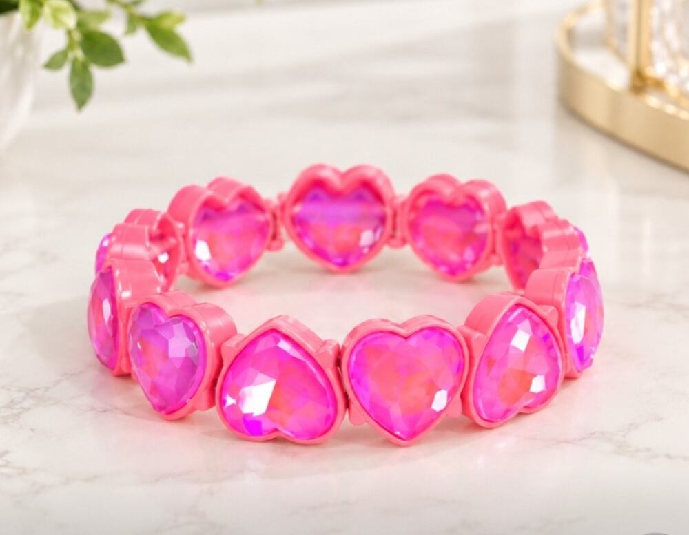 Heart Alloy Pink AB Pink Stone Stretch Bracelet New